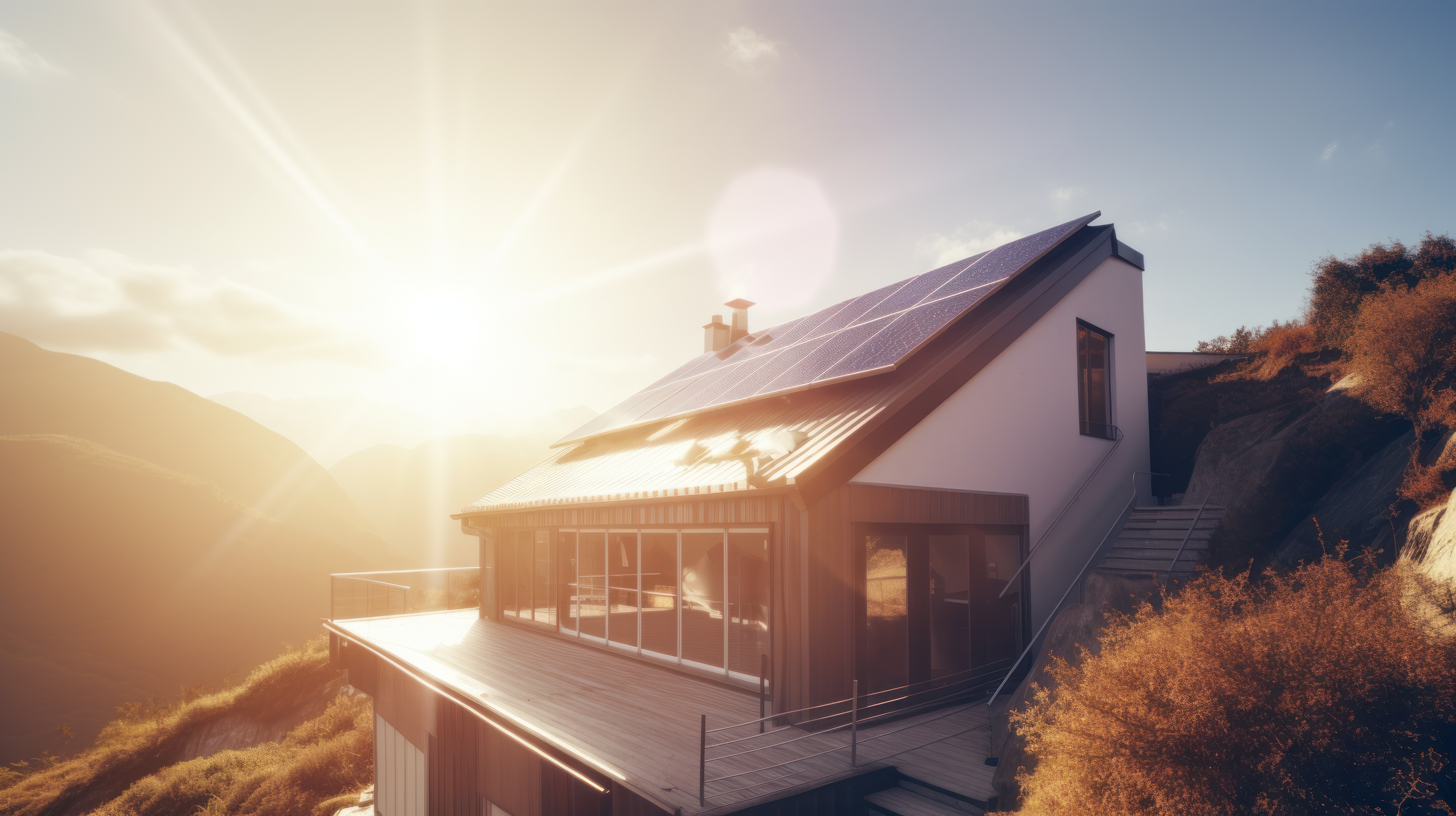 eco-friendly house with solar panels on the roof surrounded by green nature. Generative AI